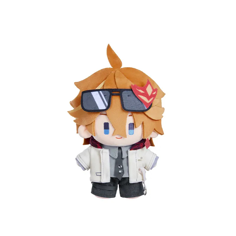 Tartaglia plush doll with sunglasses and his red mask on his head, a cream coat, a grey shirt with a tie and dark trousers