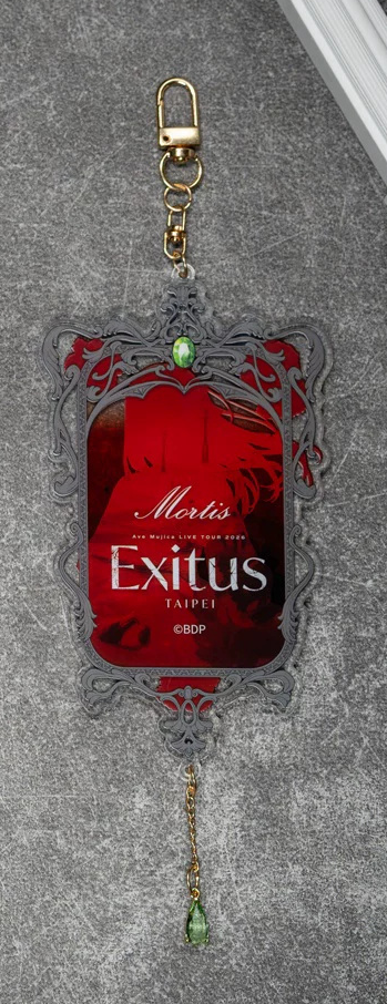 Back of the Mortis keychain: red silhouette with the Ave Mujica LIVE TOUR 2026 Exitus TAIPEI logo