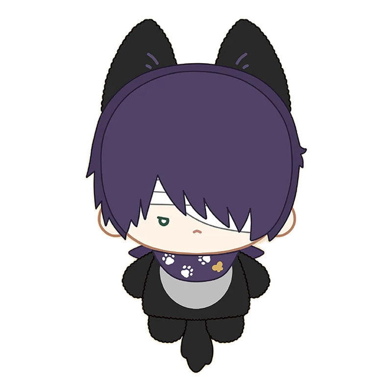 Shinsuke Takasugi design with purple hair, a bandaged eye, black cat ears and a purple paw-print bandana