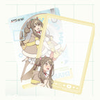 Design 10: Mami Isayama with small ears in a brown fur-trimmed outfit, with a yellow frame card
