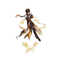 Zhongli acrylic stand: standing with coat tails flowing amid golden ribbons, on a gold base