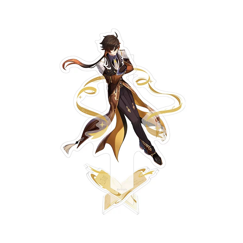 Zhongli acrylic stand: standing with coat tails flowing amid golden ribbons, on a gold base
