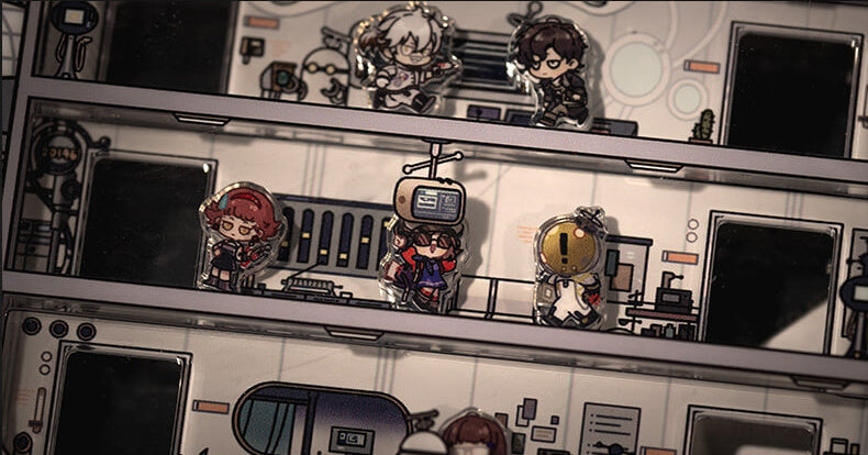 Close-up of the small chibi character pieces on the lab floors