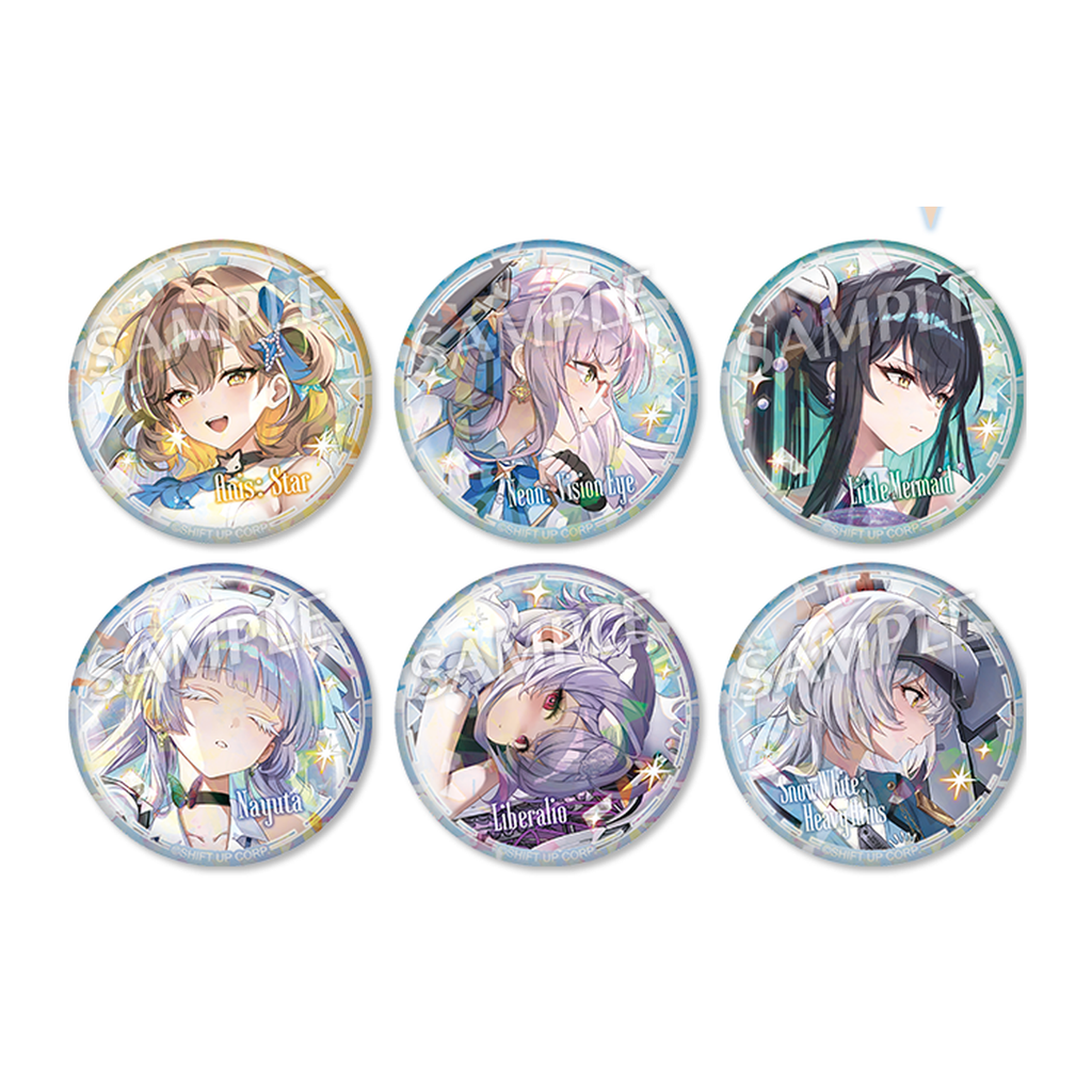 GODDESS OF VICTORY: NIKKE A round holographic badge with the Lawson collaboration artwork and a faceted, reflective background. — view 2