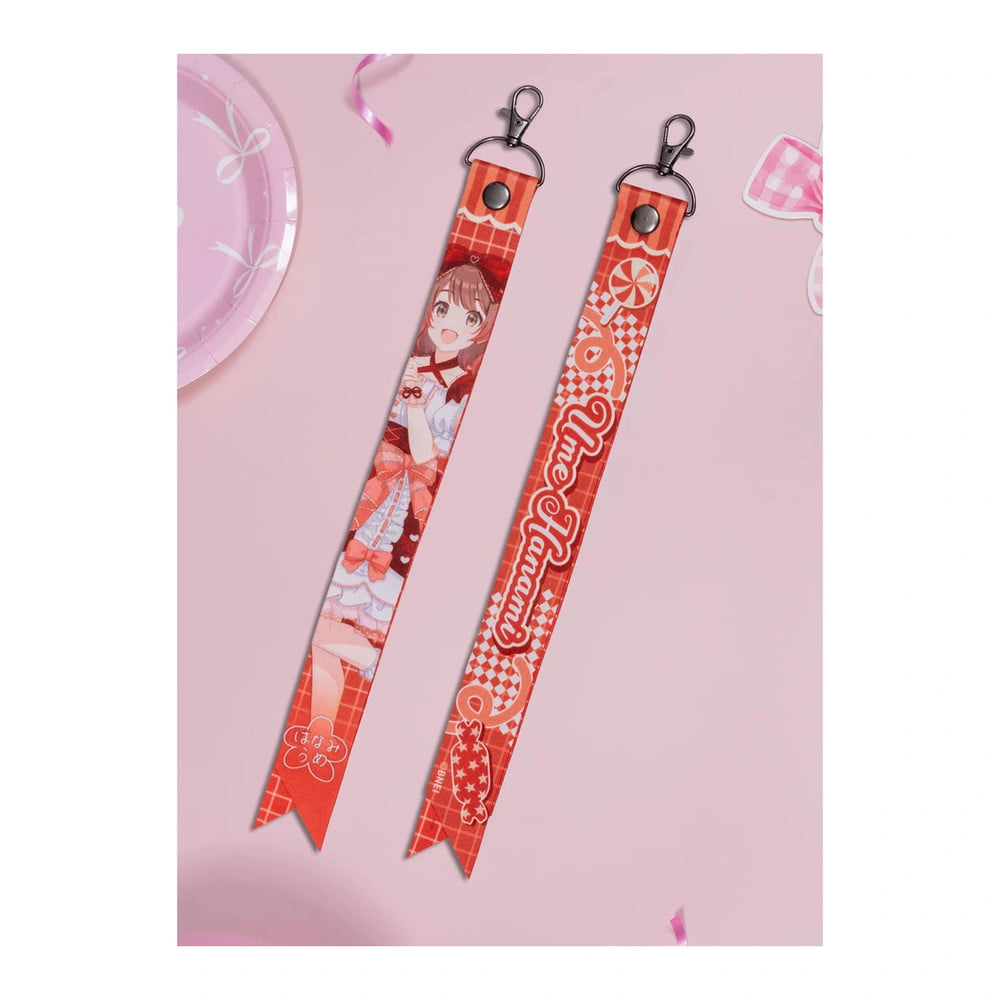 Red ribbon keychain, front and back: Ume Hanami in a red-and-white lolita dress; the back reads Ume Hanami
