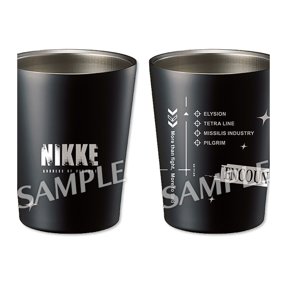 GODDESS OF VICTORY: NIKKE Black NIKKE logo tumbler shown from the front and reverse — view 2