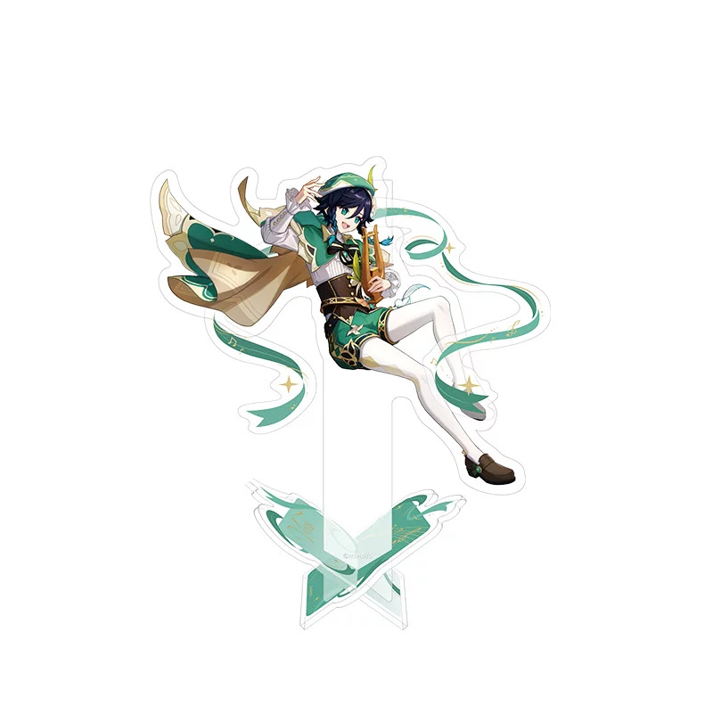 Venti acrylic stand: seated mid-air with his lyre amid green ribbons, on a green base