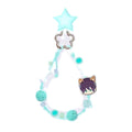 Iroha Sakayori phone strap in mint green with a star charm, flower-shaped ring, beads, pom-poms and a small Iroha charm