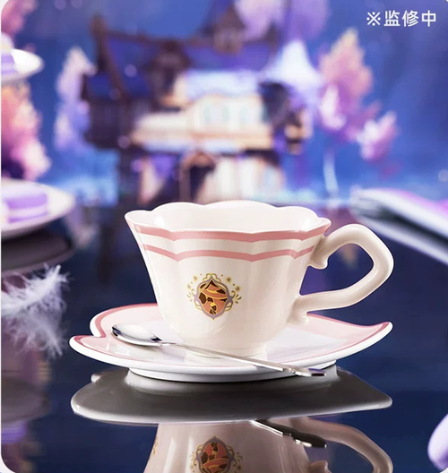 The cup on its saucer with the spoon in a tea-table setting (sample under licensor review)