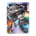 Zenless Zone Zero SHININGSOUL E-205 card. A gray flying machine with orange glowing gun barrels appears in front of WARNING lettering.