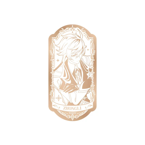 Zhongli mirror badge: gold-toned line art of him with a downward gaze, ornate frame and "ZHONGLI" banner
