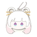 Face-shaped plush keychain of Yachiyo with white hair buns, gold hairpins and purple eyes on a ball chain