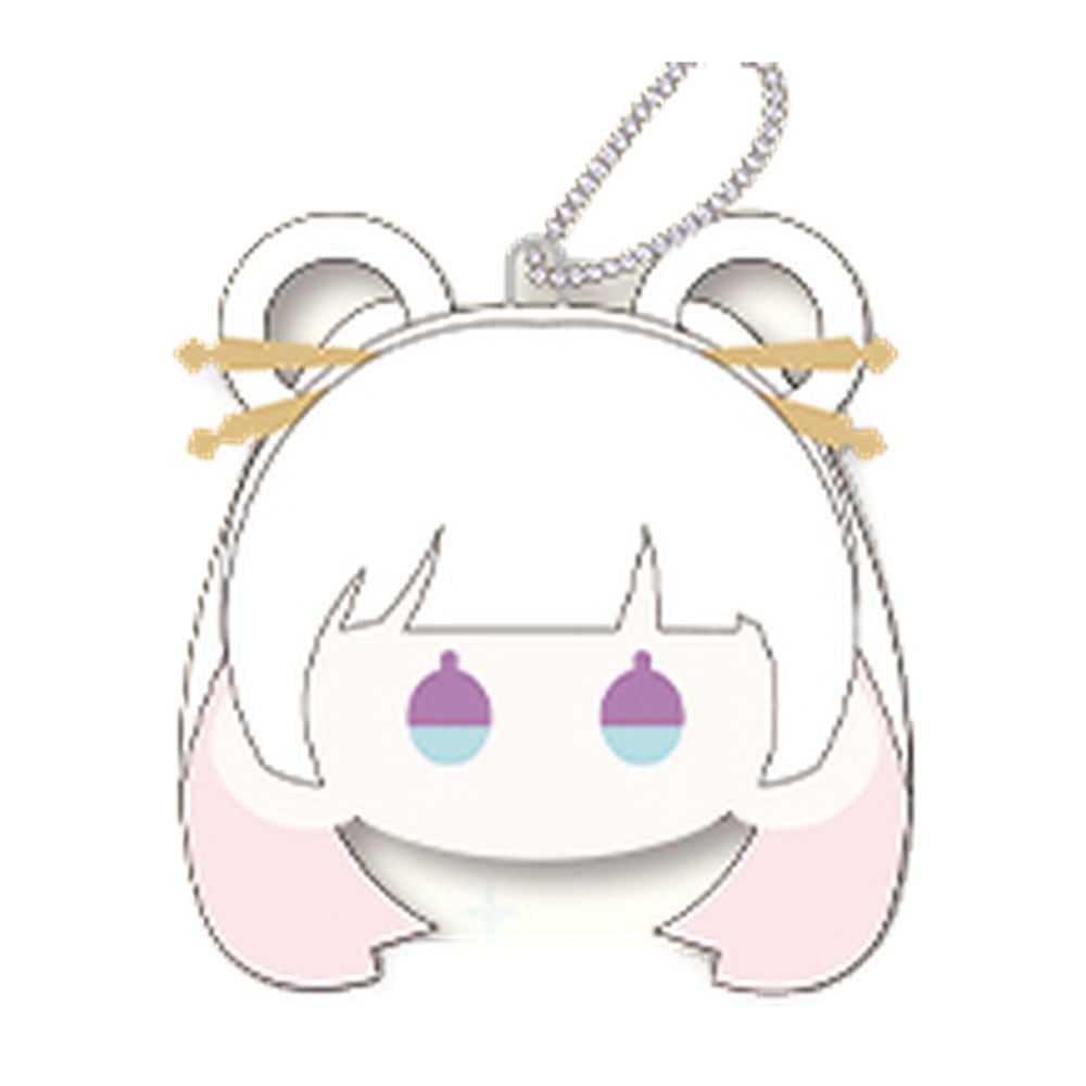 Face-shaped plush keychain of Yachiyo with white hair buns, gold hairpins and purple eyes on a ball chain