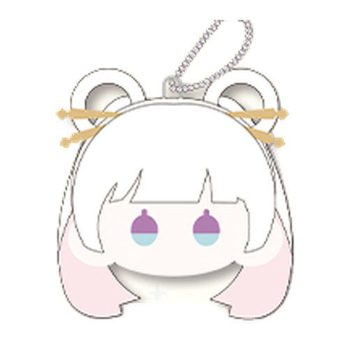 Face-shaped plush keychain of Yachiyo with white hair buns, gold hairpins and purple eyes on a ball chain