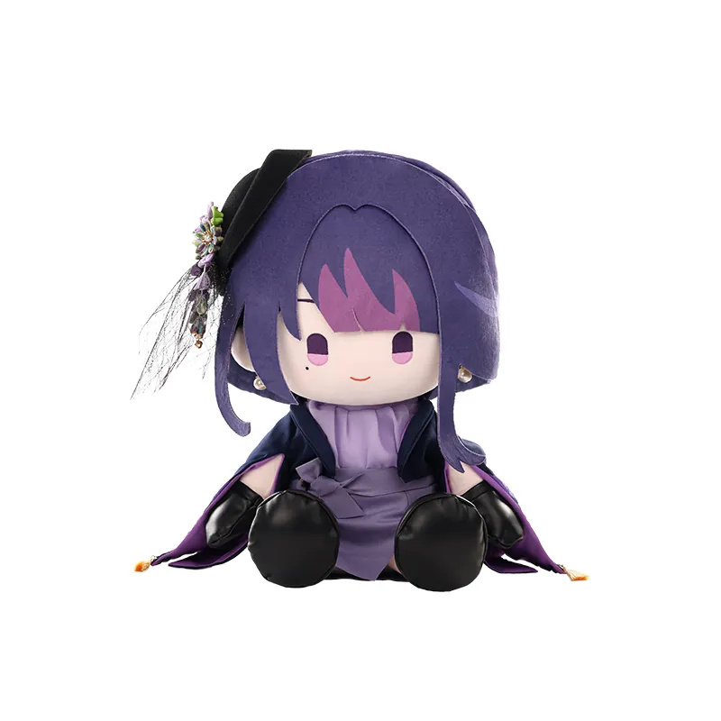 Raiden Shogun sitting plush doll in a navy coat over a lavender outfit, with a small black hat