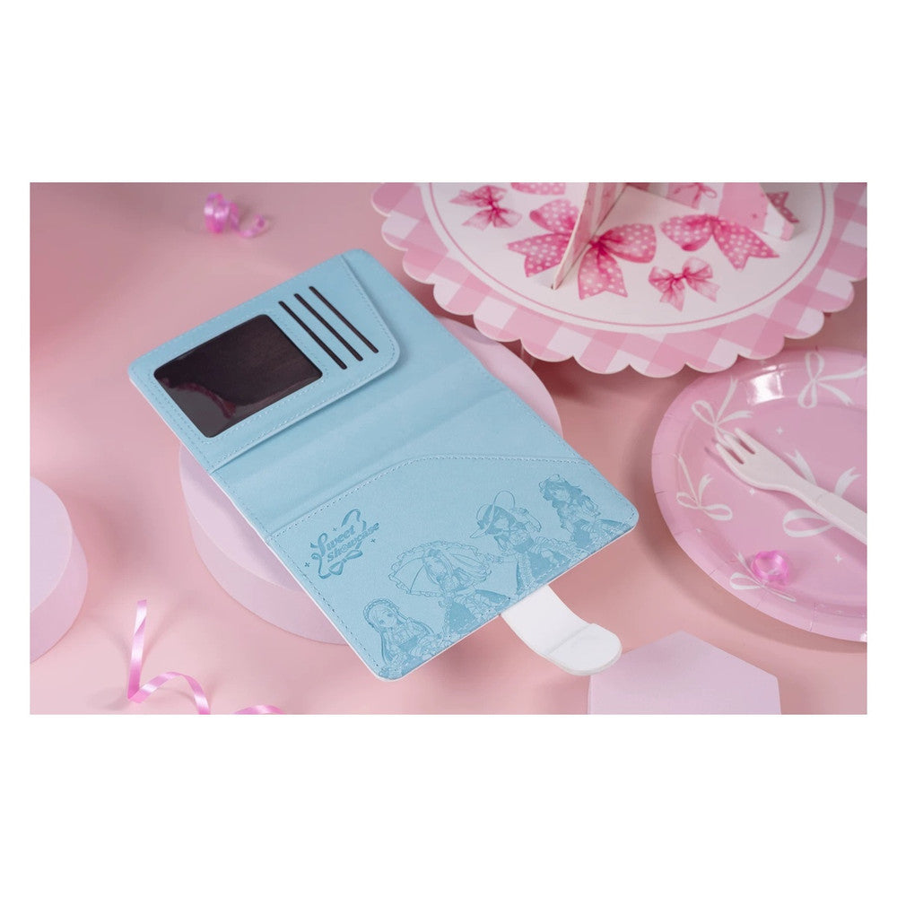 Open Class 1-2 passport case with a light blue interior, card slots and idol illustration (props not included)
