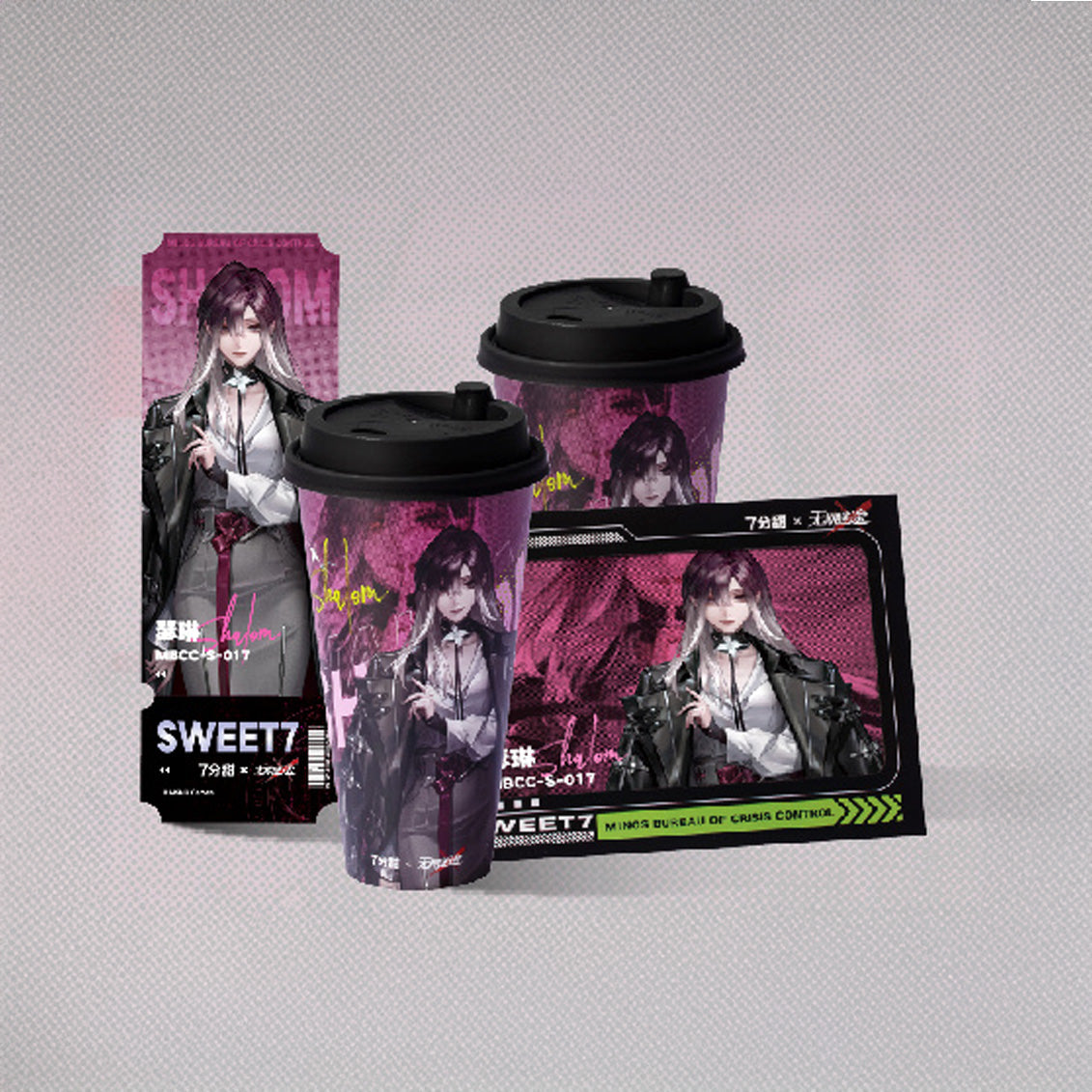 Path to Nowhere Official 7 Minutes Collab Goods. Shalom, Bianca, Ella Photo Card, Ticket, and Cup Set.