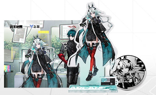 Arcane acrylic stand, round metal badge and postcard showing Arcane with Camille