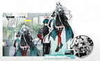 Arcane acrylic stand, round metal badge and postcard showing Arcane with Camille