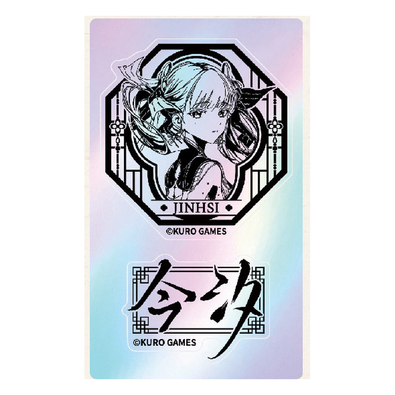 Jinhsi sticker: octagonal line-art portrait labelled JINHSI and a calligraphy name panel on a holographic sheet