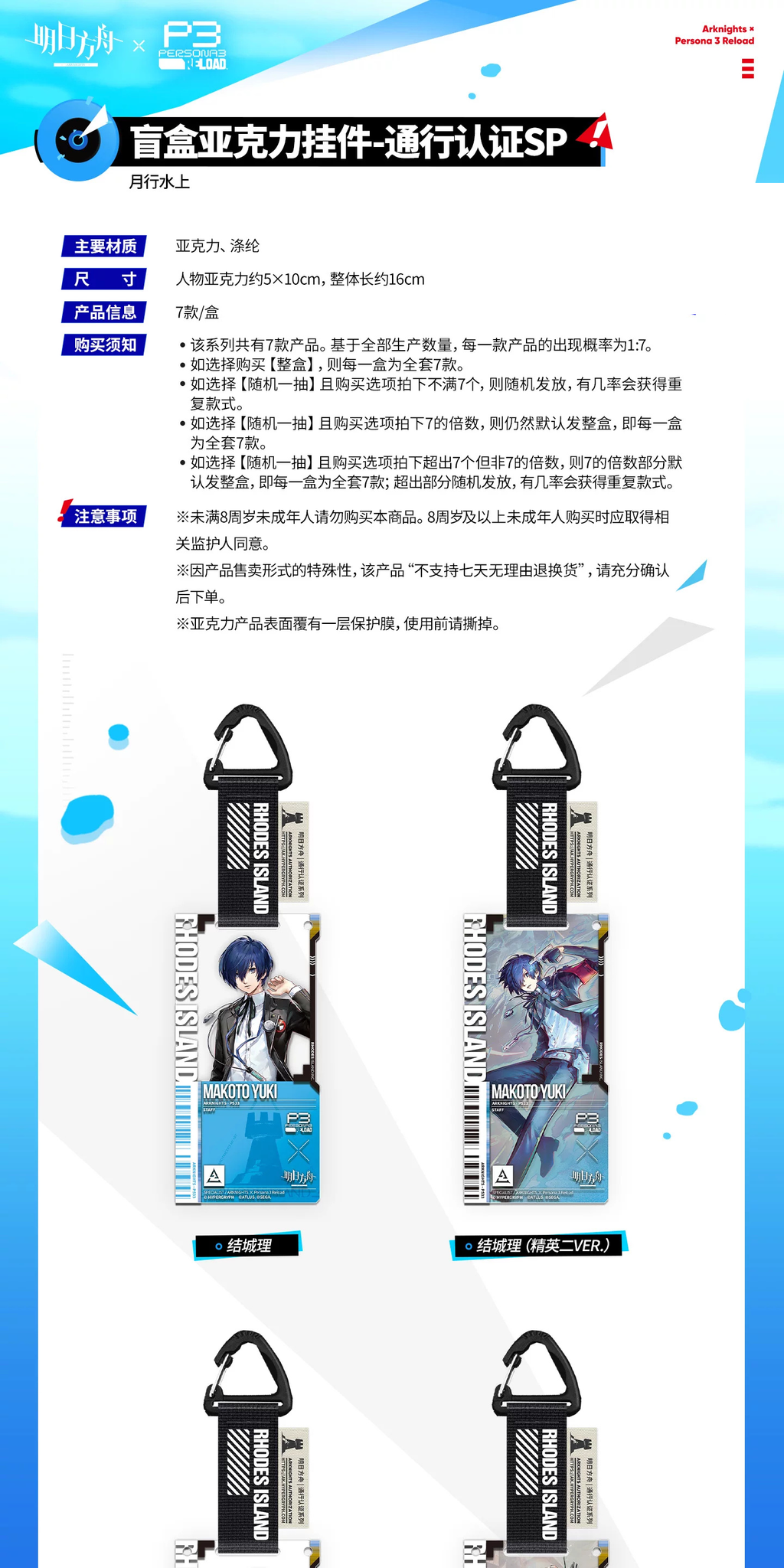 Original blind-box guide with seven-design box information, sizes and Makoto Yuki designs
