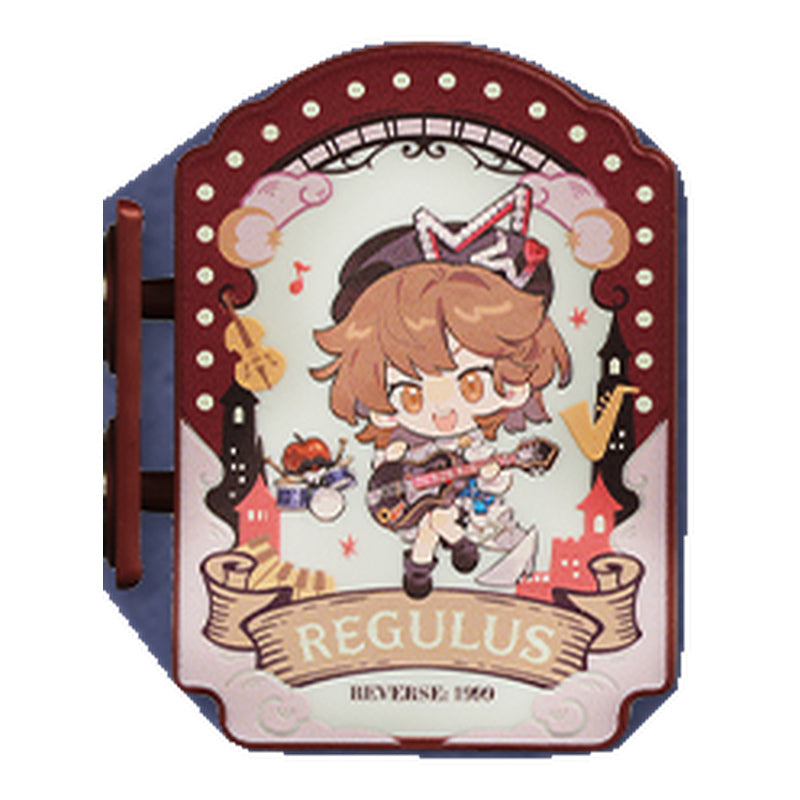 Regulus mini lightbox magnet: chibi Regulus with a guitar inside a dark red theatre-sign-style frame