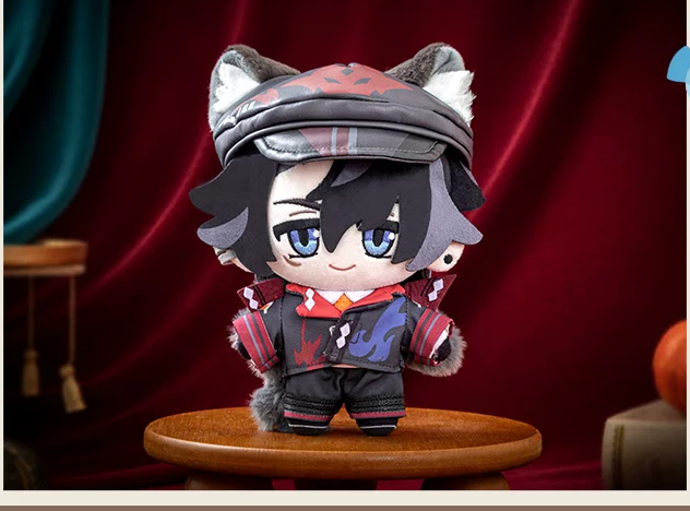 Wriothesley plush wearing the wolf-ear beret on a round wooden stage (props not included)