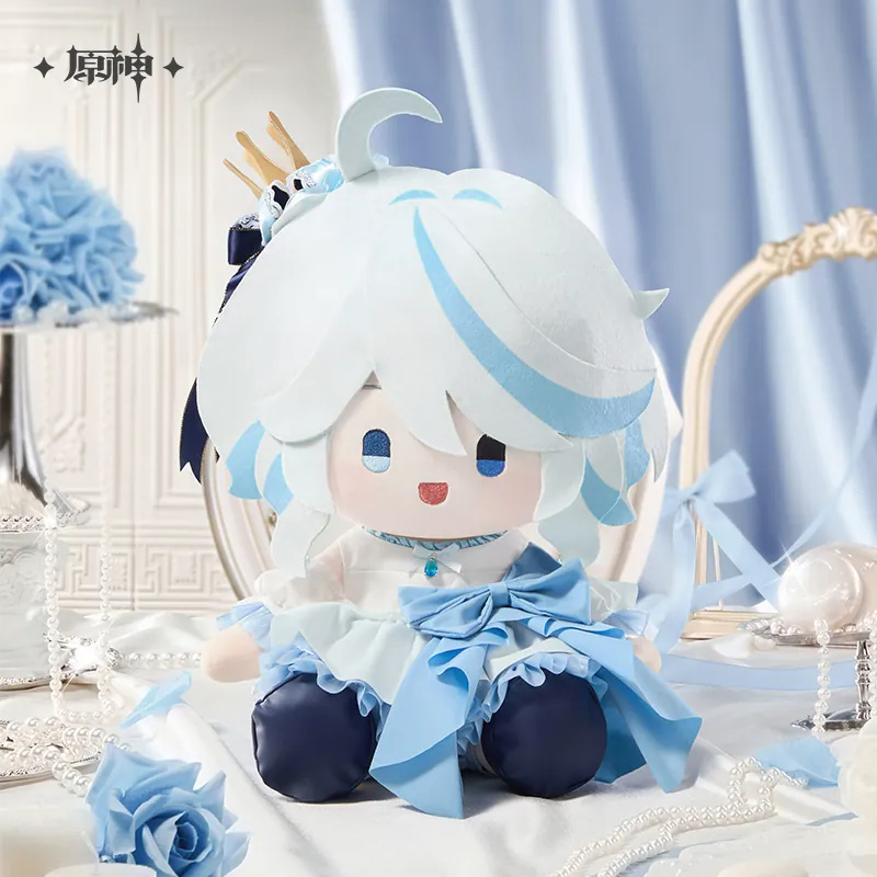 Furina doll seated among blue roses and pearls (props not included)