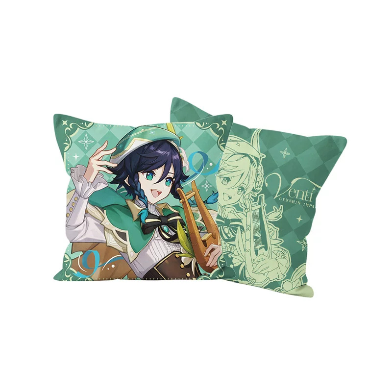 Venti cushion cover front and line-art back: Venti holding a lyre on green diamond checks