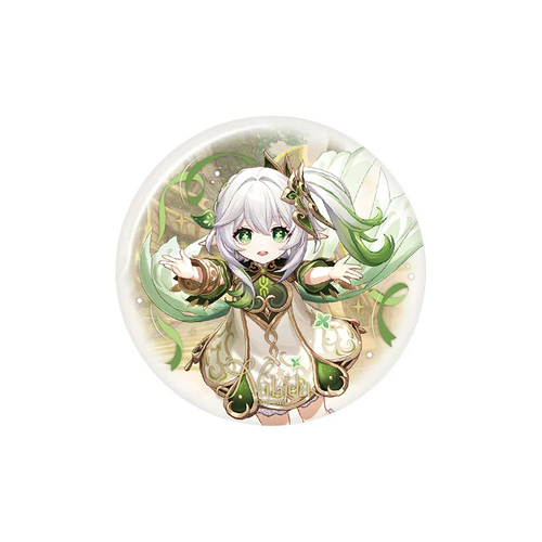 Nahida button badge: arms outstretched amid green ribbons; gold "Nahida" lettering