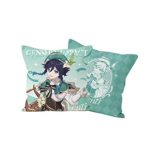 Venti cushion cover, front and back: Venti with lyre and white flowers; line portrait on a mint-green check
