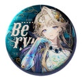 Round Beryl can badge: Beryl with a gold floral hair ornament and an iridescent glove, with decorative name lettering on teal
