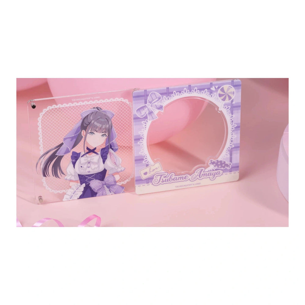 Tsubame Amaya magnet in two parts: clear illustration plate (left) and lavender plaid name frame (right)