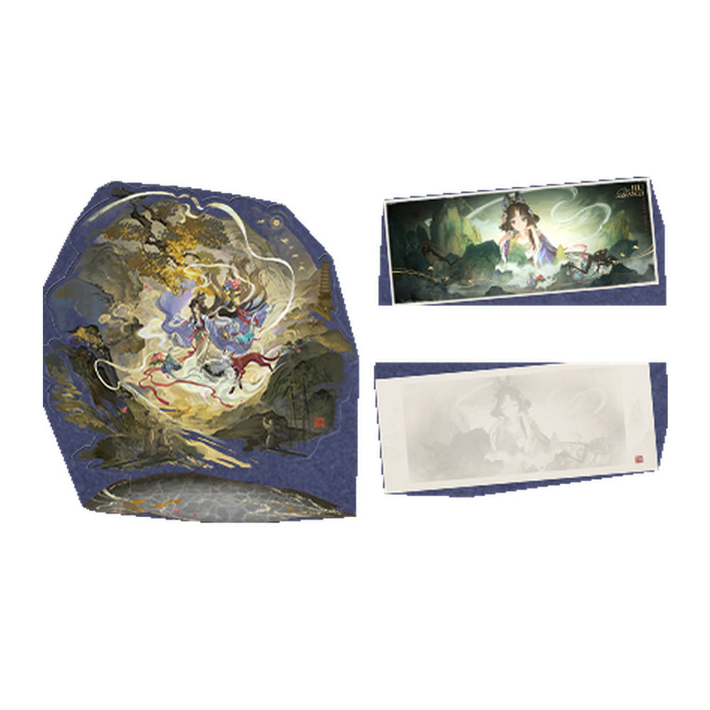 Jiu Niangzi large acrylic stand of a Chinese ink-style landscape, with a ticket-style card shown front and back