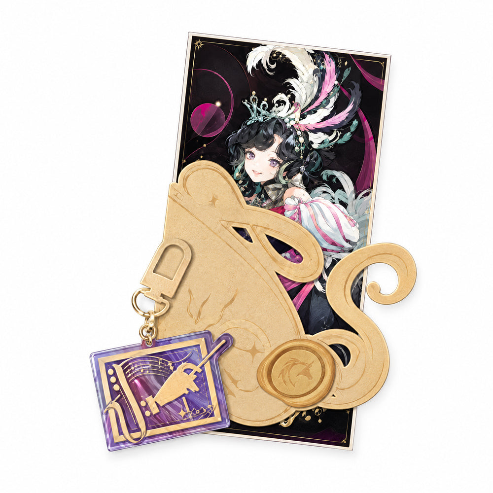 Anjo Nala ticket with a gold decorative cover and wax-seal motif, plus a violet acrylic keychain