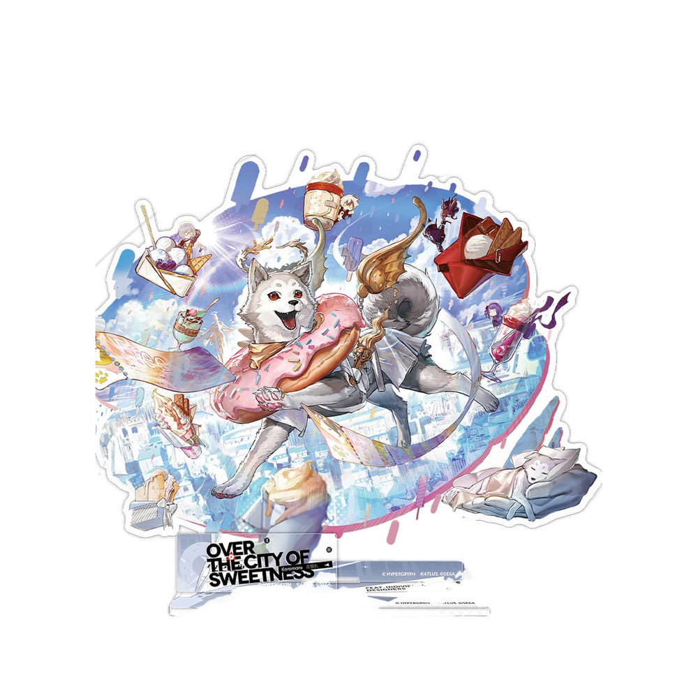 Koromaru acrylic stand depicting a playful blue scene with sweets and a pink doughnut motif