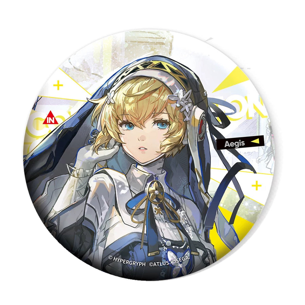 Aigis round double-glitter badge with a dark blue outfit and a white-and-yellow backdrop