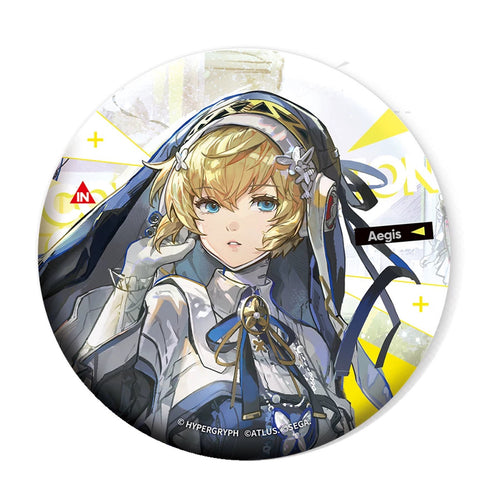 Aigis round double-glitter badge with a dark blue outfit and a white-and-yellow backdrop