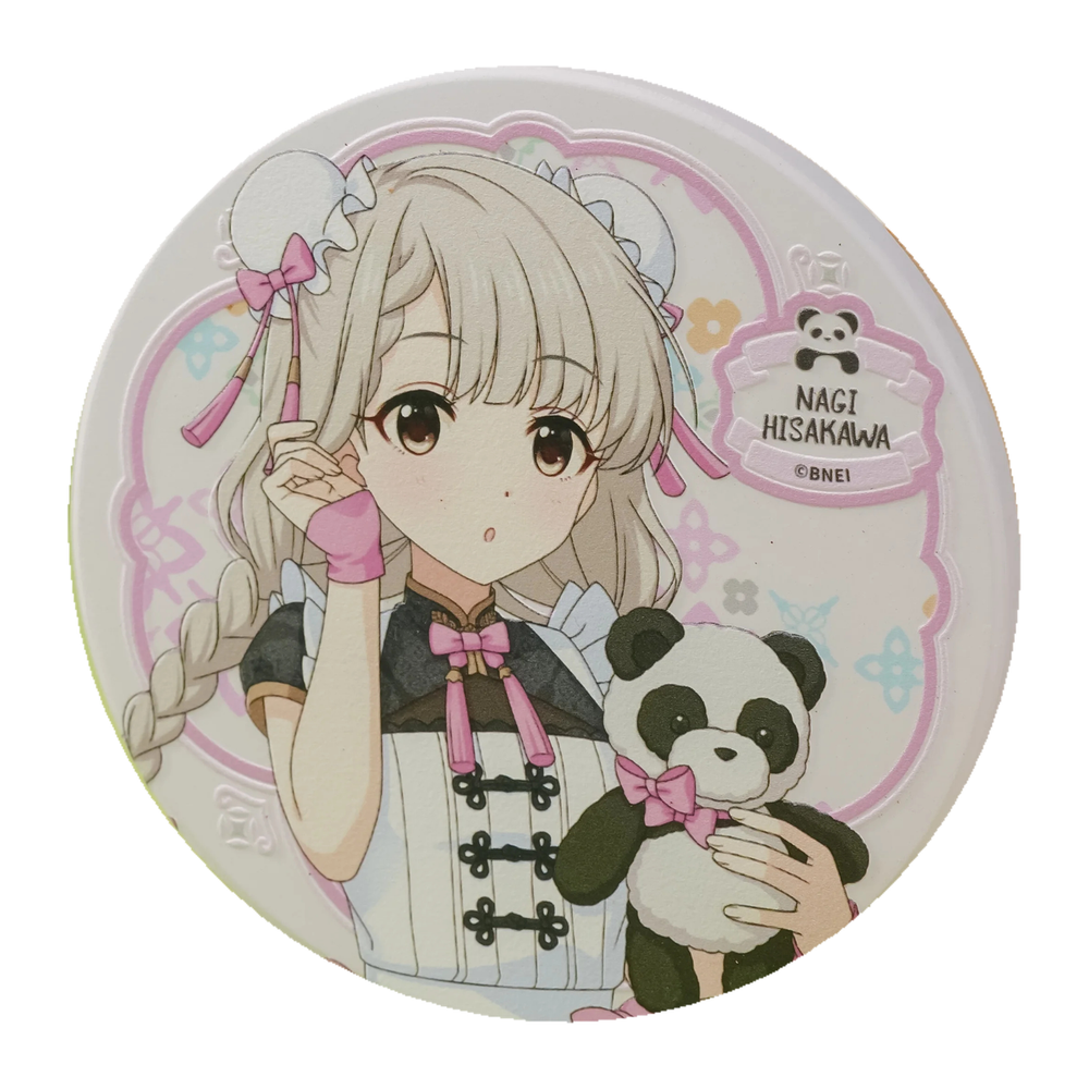 Round coaster: Nagi Hisakawa in a Chinese-style maid outfit, holding a panda plush