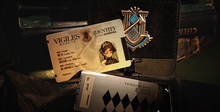 Front and back of the Liang Yue ID card: Vigiles Bureau Identity Card with portrait, and the silver back