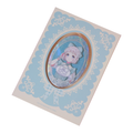 Lilja Katsuragi oval holographic badge on its pale blue lace-patterned backing card.
