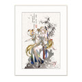 Suisui art print: seated on a rock with a kite among ink-wash bamboo and red swallows, shown inside a white border