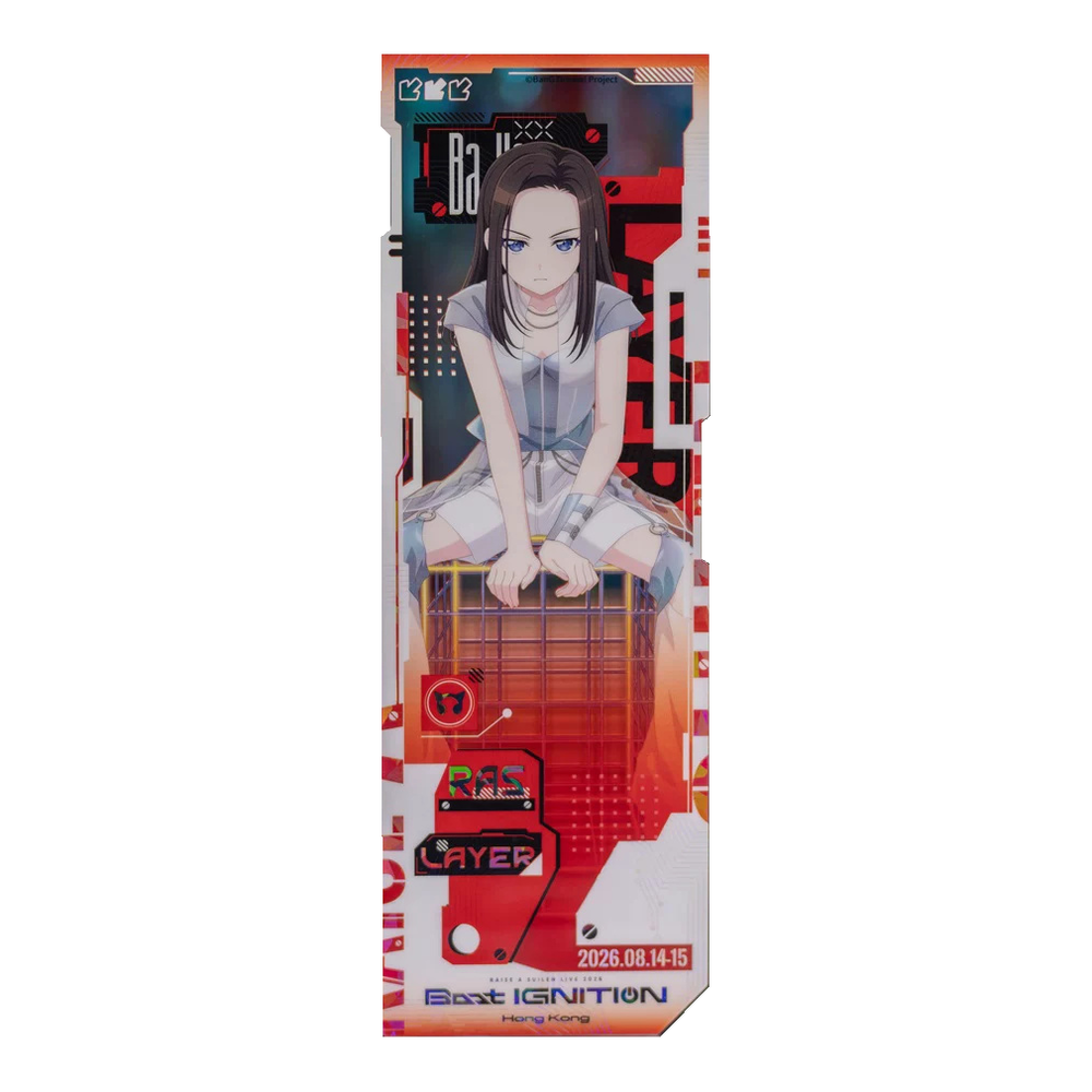 LAYER acrylic laser ticket in red and orange: LAYER seated on a wire-frame cube, leaning forward