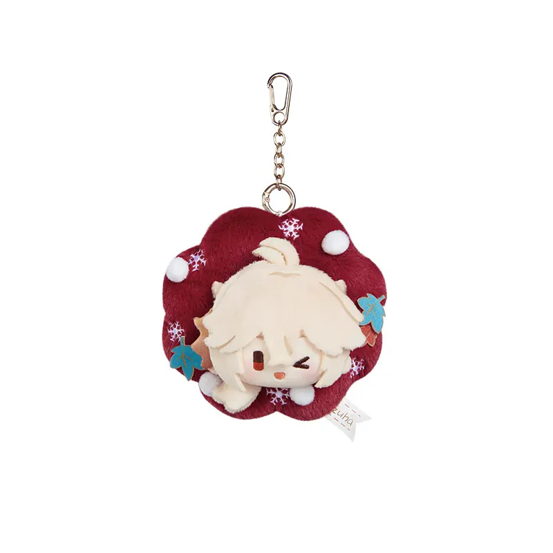Kaedehara Kazuha plush keychain: winking plush head on a deep-red flower-shaped backing with maple leaves and snowflakes