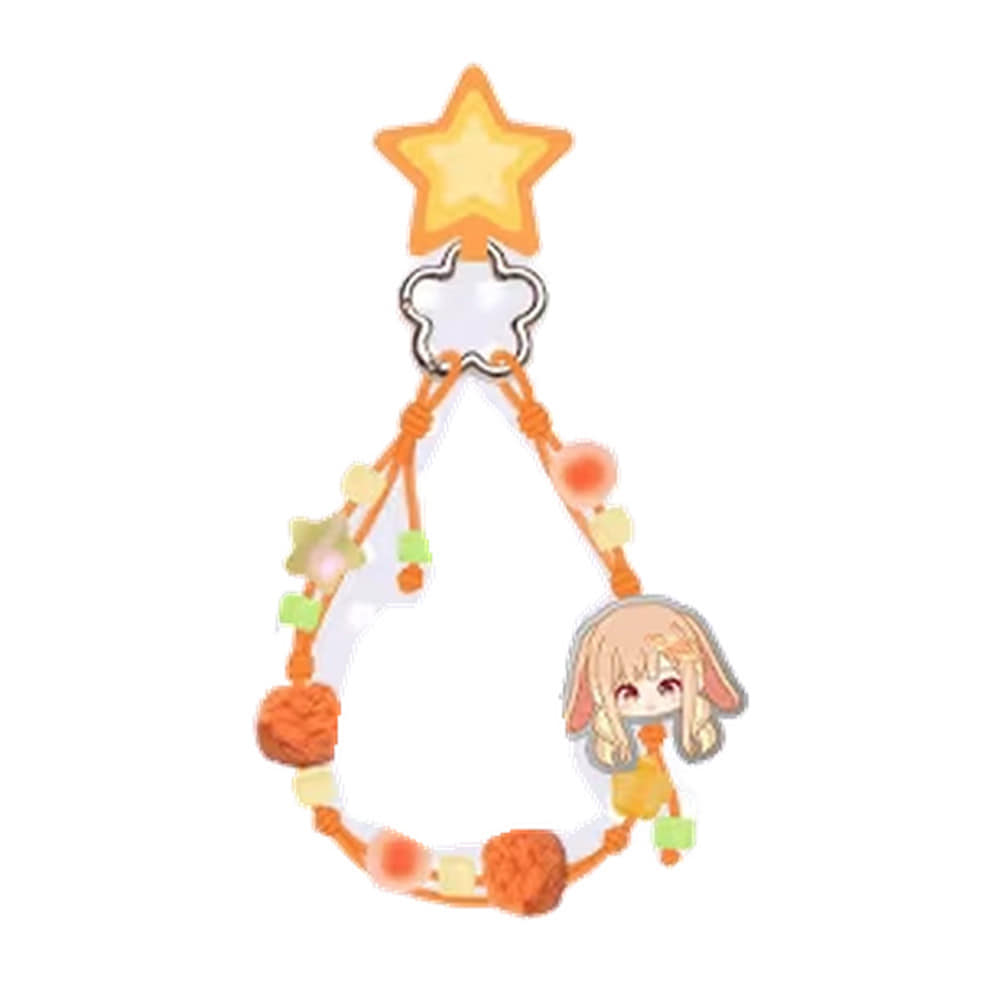 Kaguya phone strap in orange with a star charm, flower-shaped ring, beads, pom-poms and a small Kaguya charm