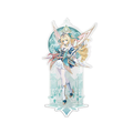 Vesna acrylic stand: smiling with a staff and iridescent wings before a mint-green emblem arch