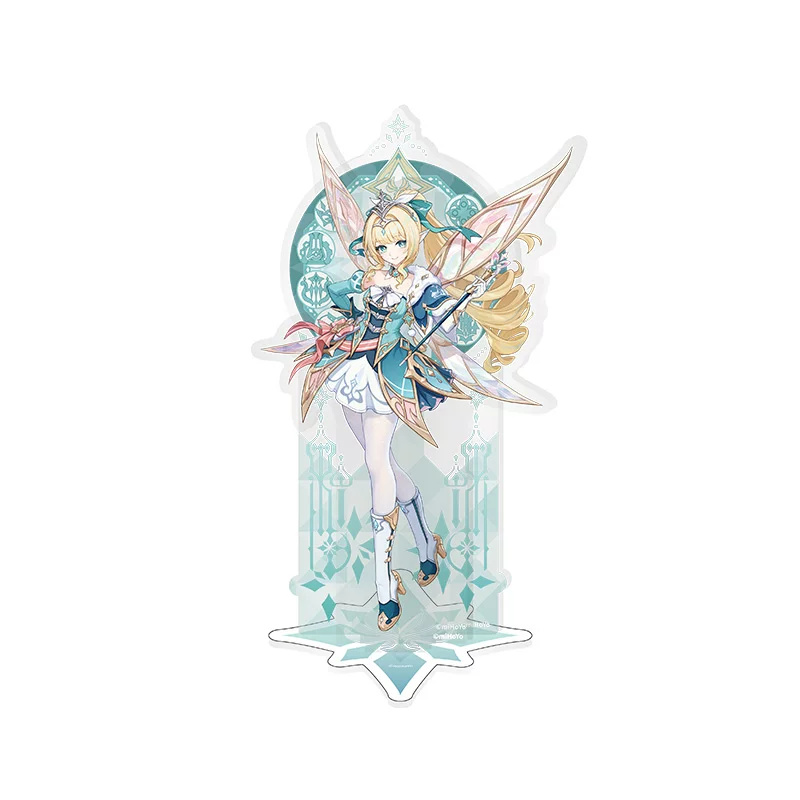 Vesna acrylic stand: smiling with a staff and iridescent wings before a mint-green emblem arch