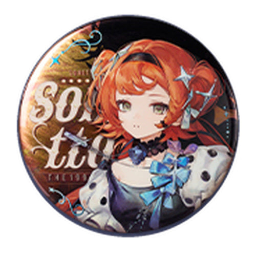 Round Sonetto can badge: Sonetto with star-shaped hair ornaments and a blue bow, with decorative name lettering
