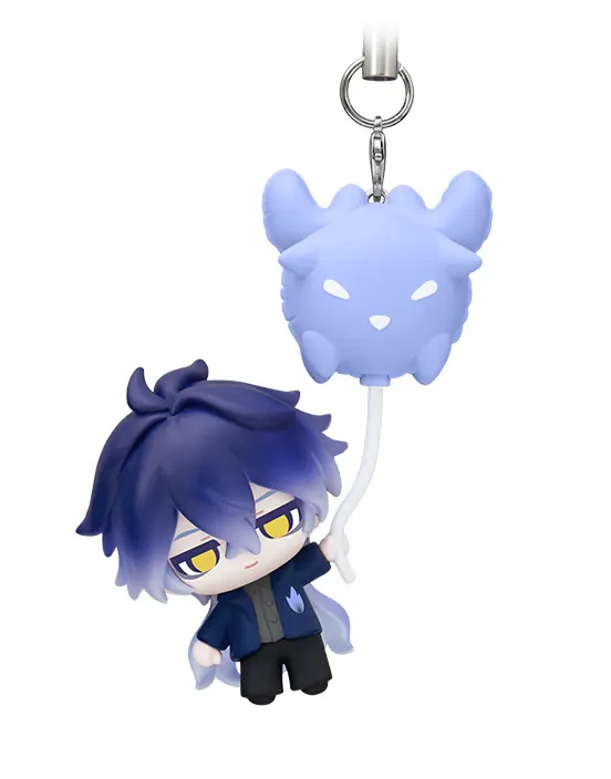 Close-up of a regular design with dark blue hair and yellow eyes, showing the metal ring and clasp
