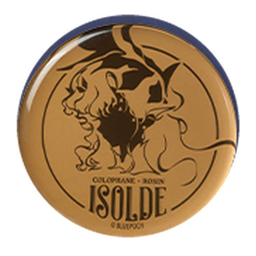 Round amber acrylic block with a silhouette portrait of Isolde and the text COLOPHANE · ROSIN ISOLDE